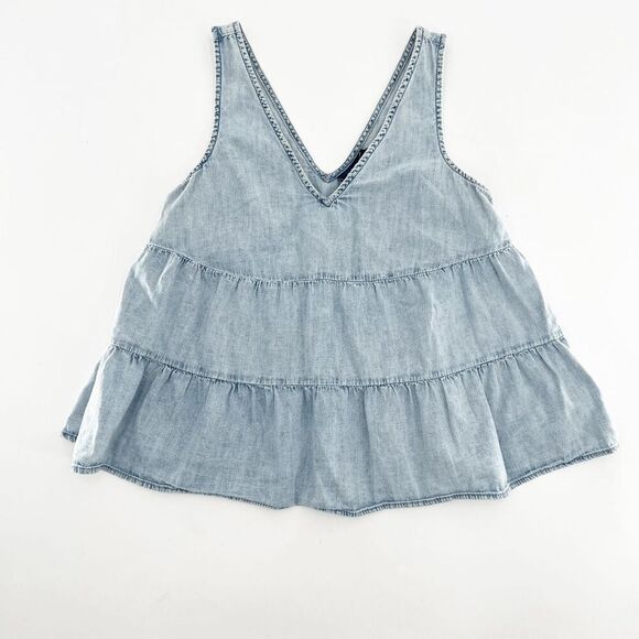 Gap Denim Tiered Tank Top Womens Size XS Blue V Neck Pullover Organic Cotton - Picture 2 of 6